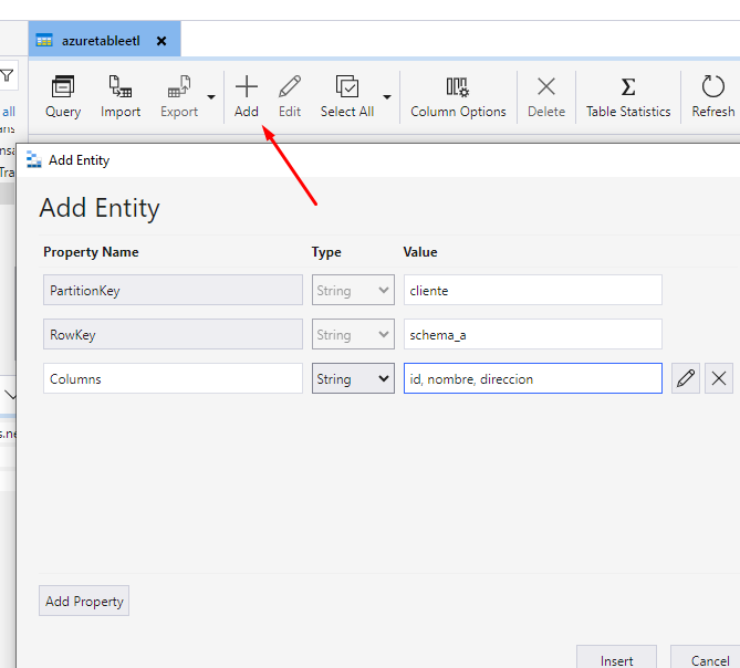 Agregar datos en azure table